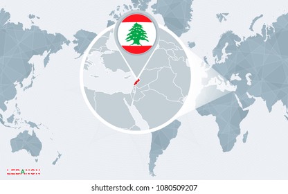 World map centered on America with magnified Lebanon. Blue flag and map of Lebanon. Abstract vector illustration.