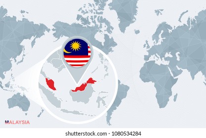 World map centered on America with magnified Malaysia. Blue flag and map of Malaysia. Abstract vector illustration.