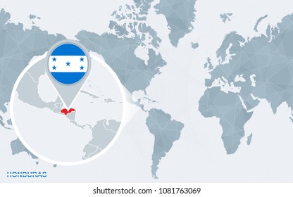 World map centered on America with magnified Honduras. Blue flag and map of Honduras. Abstract vector illustration.