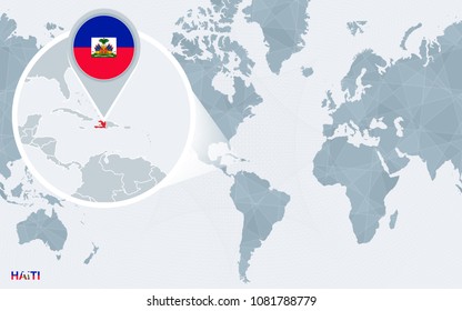 World map centered on America with magnified Haiti. Blue flag and map of Haiti. Abstract vector illustration.