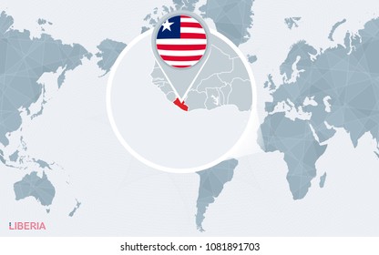 World map centered on America with magnified Liberia. Blue flag and map of Liberia. Abstract vector illustration.