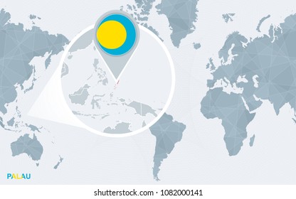 World map centered on America with magnified Palau. Blue flag and map of Palau. Abstract vector illustration.