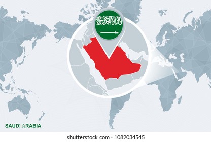 World map centered on America with magnified Saudi Arabia. Blue flag and map of Saudi Arabia. Abstract vector illustration.