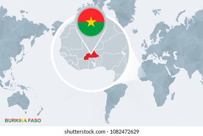 World map centered on America with magnified Burkina Faso.