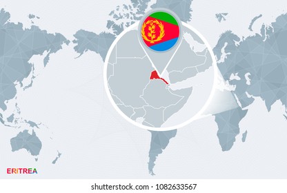 World map centered on America with magnified Eritrea. Blue flag and map of Eritrea. Abstract vector illustration.