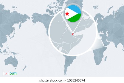 World map centered on America with magnified Djibouti. Blue flag and map of Djibouti. Abstract vector illustration.