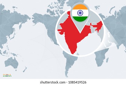 World map centered on America with magnified India. Blue flag and map of India. Abstract vector illustration.