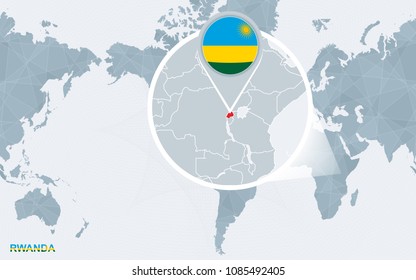 World map centered on America with magnified Rwanda. Blue flag and map of Rwanda. Abstract vector illustration.