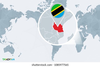 World map centered on America with magnified Tanzania. Blue flag and map of Tanzania. Abstract vector illustration.