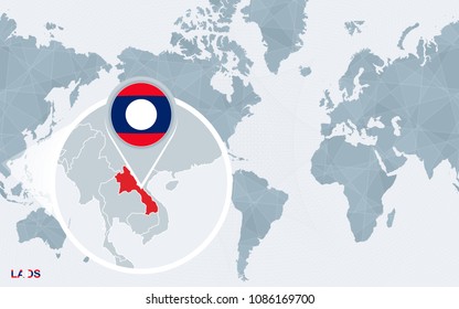 World map centered on America with magnified Laos. Blue flag and map of Laos. Abstract vector illustration.