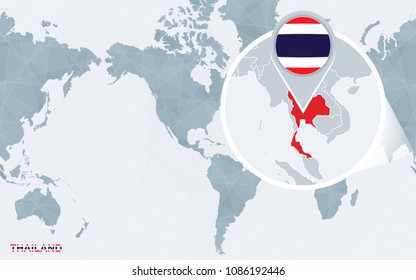 World map centered on America with magnified Thailand. Blue flag and map of Thailand. Abstract vector illustration.