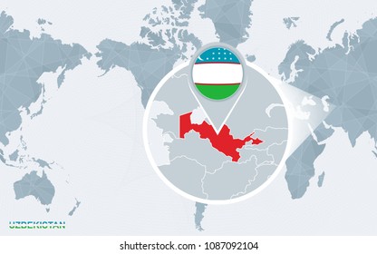 World map centered on America with magnified Uzbekistan. Blue flag and map of Uzbekistan. Abstract vector illustration.
