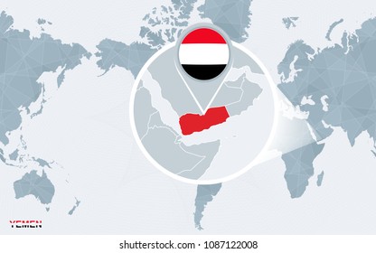 World map centered on America with magnified Yemen. Blue flag and map of Yemen. Abstract vector illustration.