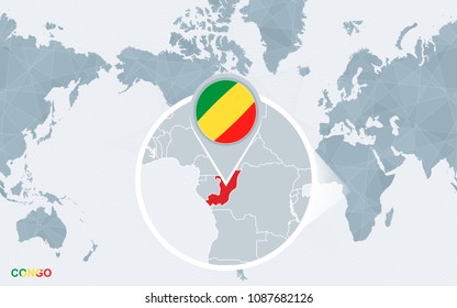 World map centered on America with magnified Congo. Blue flag and map of Congo. Abstract vector illustration.