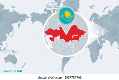World map centered on America with magnified Kazakhstan. Blue flag and map of Kazakhstan. Abstract vector illustration.