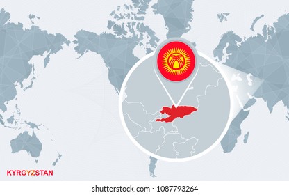 World map centered on America with magnified Kyrgyzstan. Blue flag and map of Kyrgyzstan. Abstract vector illustration.