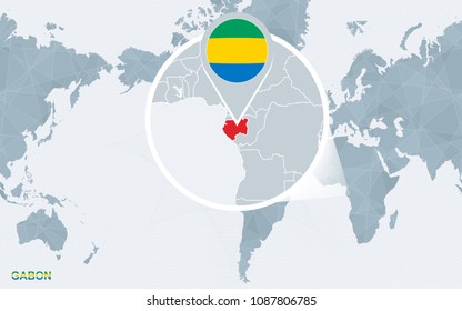 World map centered on America with magnified Gabon. Blue flag and map of Gabon. Abstract vector illustration.