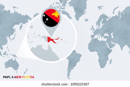 World map centered on America with magnified Papua New Guinea. Abstract vector illustration.