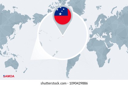 World map centered on America with magnified Samoa. Blue flag and map of Samoa. Abstract vector illustration.