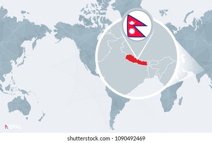 World map centered on America with magnified Nepal. Blue flag and map of Nepal. Abstract vector illustration.