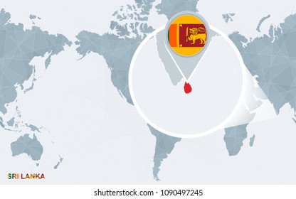 World map centered on America with magnified Sri Lanka. Blue flag and map of Sri Lanka. Abstract vector illustration.