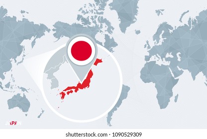 World map centered on America with magnified Japan. Blue flag and map of Japan. Abstract vector illustration.