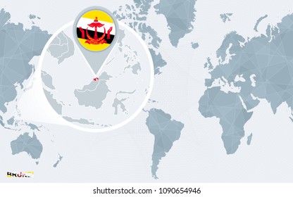 World map centered on America with magnified Brunei. Blue flag and map of Brunei. Abstract vector illustration.