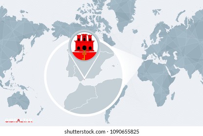 World map centered on America with magnified Gibraltar. Blue flag and map of Gibraltar. Abstract vector illustration.