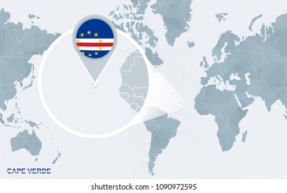 World map centered on America with magnified Cape Verde. Blue flag and map of Cape Verde. Abstract vector illustration.