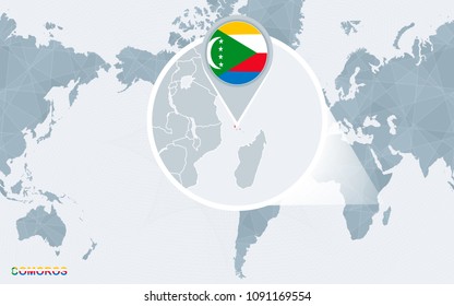 World map centered on America with magnified Comoros. Blue flag and map of Comoros. Abstract vector illustration.