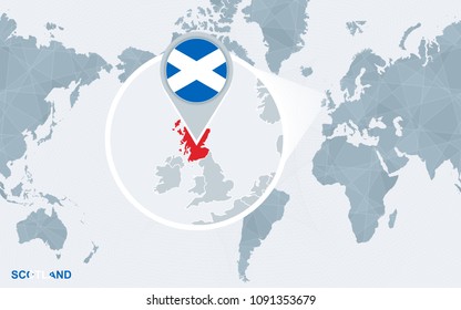 World map centered on America with magnified Scotland. Blue flag and map of Scotland. Abstract vector illustration.