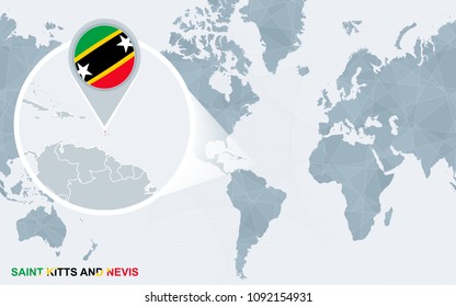 World map centered on America with magnified Saint Kitts and Nevis. Abstract vector illustration.