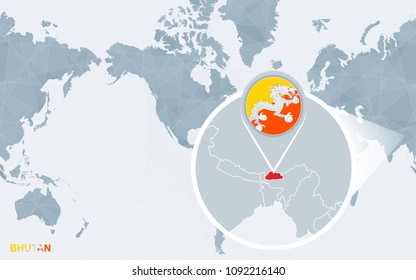 World map centered on America with magnified Bhutan. Blue flag and map of Bhutan. Abstract vector illustration.