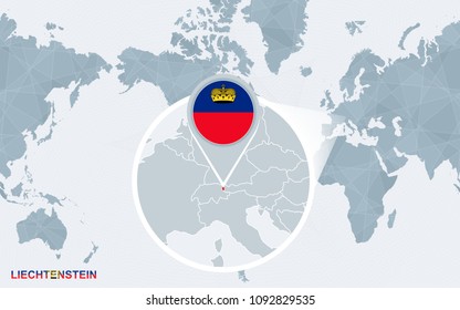 World map centered on America with magnified Liechtenstein. Blue flag and map of Liechtenstein. Abstract vector illustration.