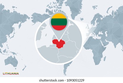 World map centered on America with magnified Lithuania. Blue flag and map of Lithuania. Abstract vector illustration.