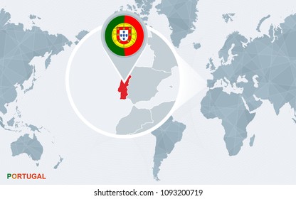 World map centered on America with magnified Portugal. Blue flag and map of Portugal. Abstract vector illustration.