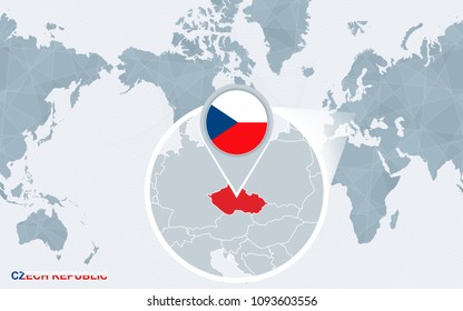 World map centered on America with magnified Czech Republic. Blue flag and map of Czech. Abstract vector illustration.