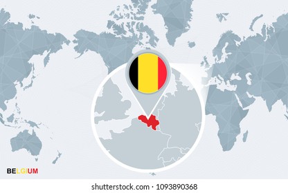 World map centered on America with magnified Belgium. Blue flag and map of Belgium. Abstract vector illustration.