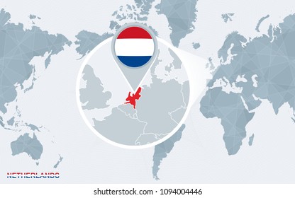 World map centered on America with magnified Netherlands. Blue flag and map of Netherlands. Abstract vector illustration.
