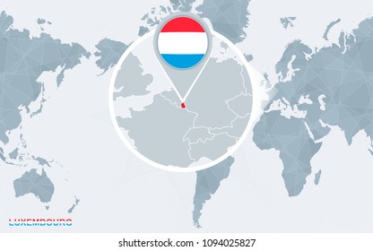 World map centered on America with magnified Luxembourg. Blue flag and map of Luxembourg. Abstract vector illustration.