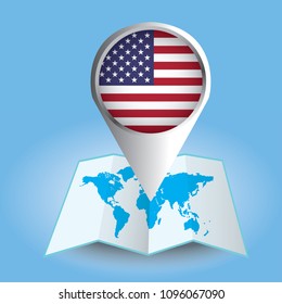 World map centered on America with magnified United States of America. Blue flag and map of United States of America. Abstract vector illustration.