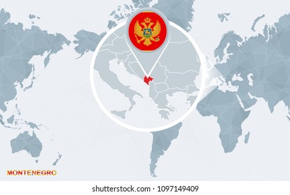 World map centered on America with magnified Montenegro. Abstract vector illustration.