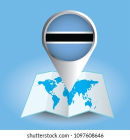 World map centered on America with magnified Botswana. Blue flag and map of Botswana. Abstract vector illustration.