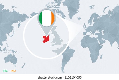 World map centered on America with magnified Ireland. Abstract vector illustration.
