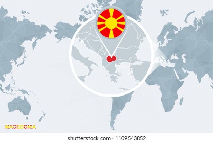 World map centered on America with magnified Macedonia. Vector illustration.