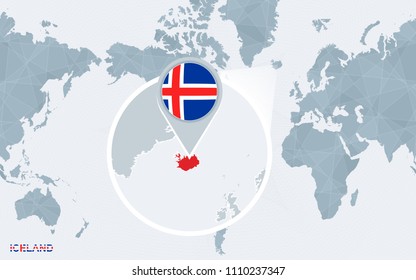 World map centered on America with magnified Iceland. Vector illustration.