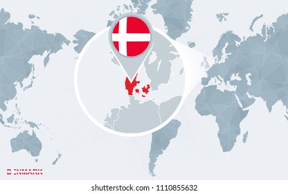 World map centered on America with magnified Denmark. Vector illustration.