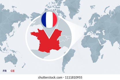 World map centered on America with magnified France. Vector illustration.