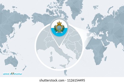 World map centered on America with magnified San Marino. Vector illustration.