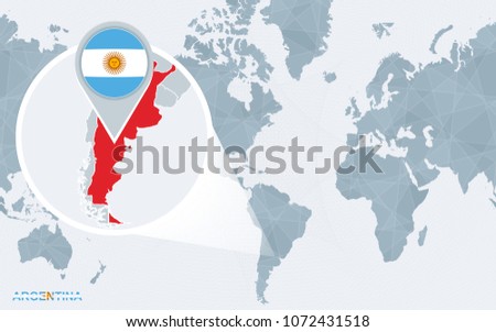 World map centered on America with magnified Argentina. Blue flag and map of Argentina. Abstract vector illustration.